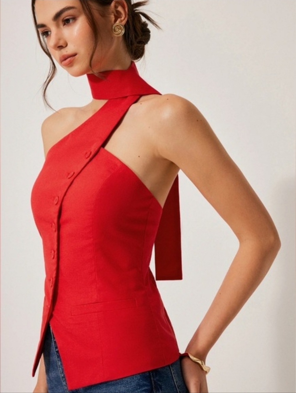 Commense Vibrant Red Asymmetrical Top, Size Large